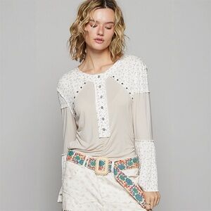 POL Beige and White Long Sleeve Henley Top